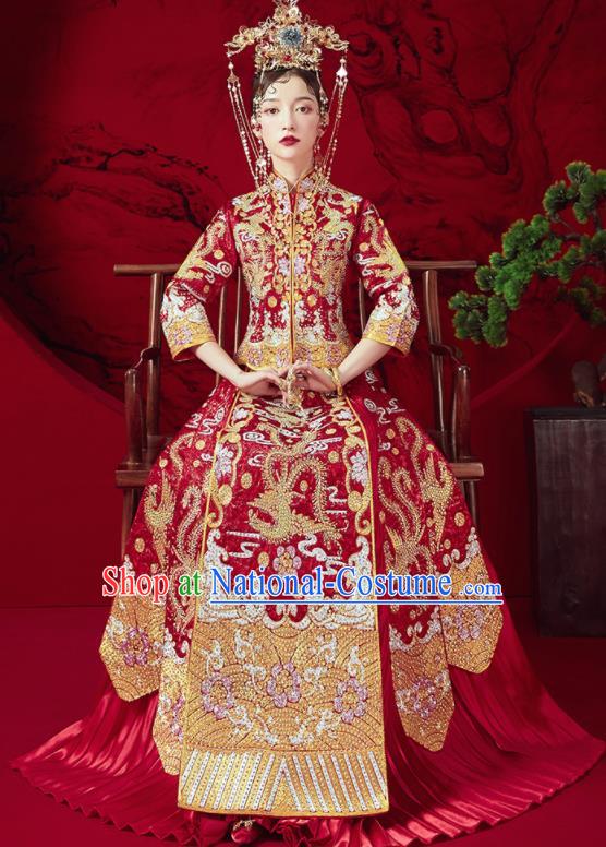 Chinese Traditional Wedding Embroidered Phoenix Plum Red Xiu He Suit Blouse and Dress Ancient Bride Costumes for Women