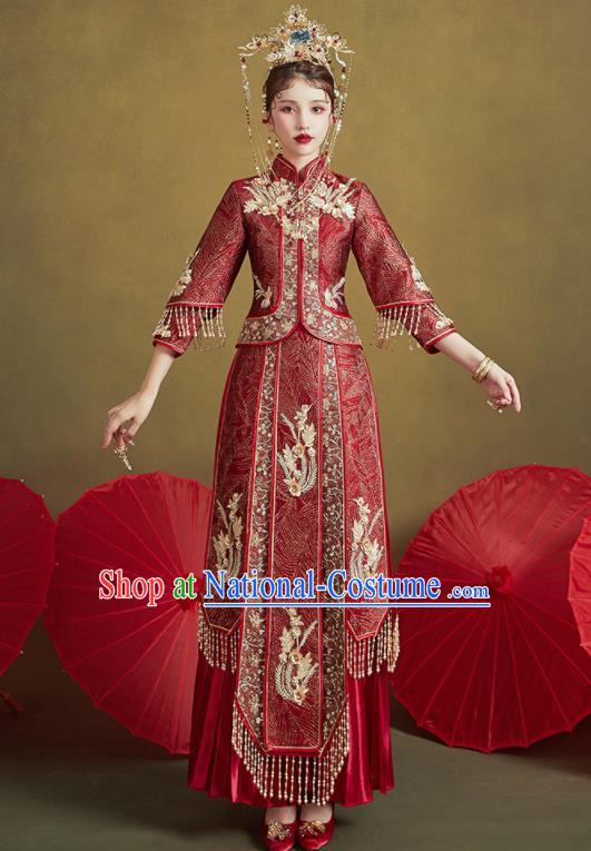 Chinese Traditional Wedding Embroidered Purplish Red Xiu He Suit Blouse and Dress Ancient Bride Costumes for Women