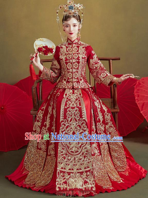 Chinese Traditional Wedding Embroidered Xiu He Suit Blouse and Dress Ancient Bride Costumes for Women