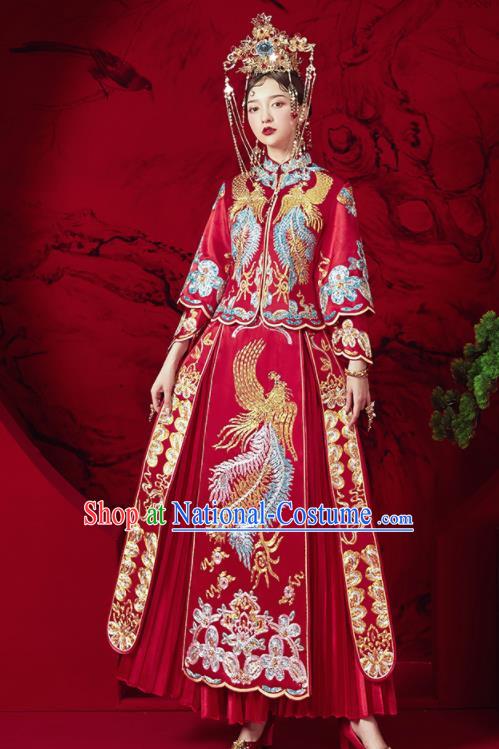 Chinese Traditional Wedding Embroidered Phoenix Xiu He Suit Blouse and Dress Ancient Bride Costumes for Women