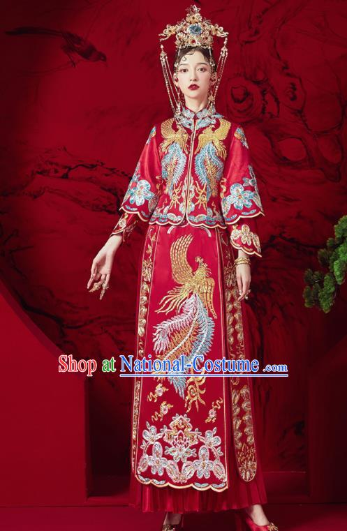 Chinese Traditional Wedding Embroidered Phoenix Xiu He Suit Blouse and Dress Ancient Bride Costumes for Women