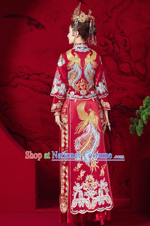 Chinese Traditional Wedding Embroidered Phoenix Xiu He Suit Blouse and Dress Ancient Bride Costumes for Women