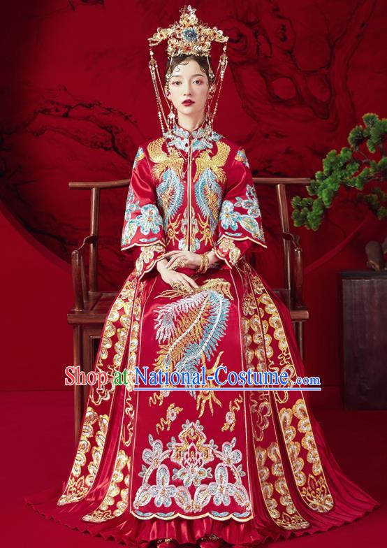 Chinese Traditional Wedding Embroidered Phoenix Xiu He Suit Blouse and Dress Ancient Bride Costumes for Women