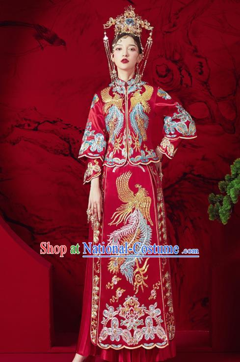 Chinese Traditional Wedding Embroidered Phoenix Xiu He Suit Blouse and Dress Ancient Bride Costumes for Women