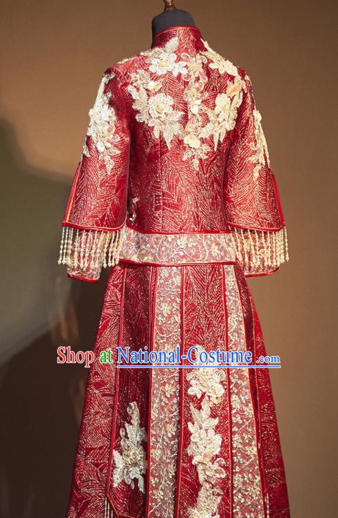 Chinese Traditional Embroidered Beads Wedding Xiu He Suit Red Blouse and Dress Ancient Bride Costumes for Women