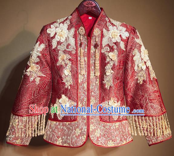 Chinese Traditional Embroidered Beads Wedding Xiu He Suit Red Blouse and Dress Ancient Bride Costumes for Women