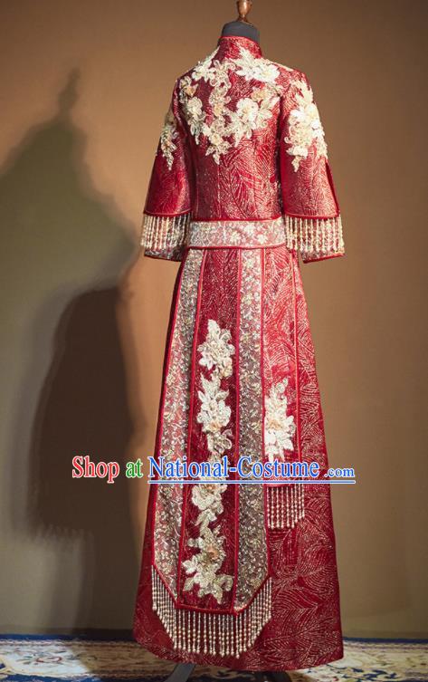 Chinese Traditional Embroidered Beads Wedding Xiu He Suit Red Blouse and Dress Ancient Bride Costumes for Women