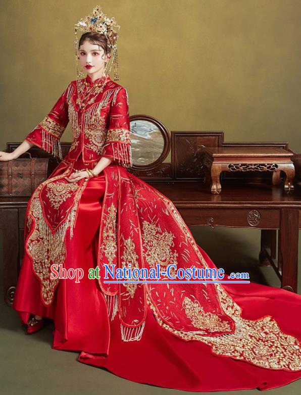 Chinese Traditional Wedding Embroidered Trailing Xiu He Suit Blouse and Dress Ancient Bride Costumes for Women