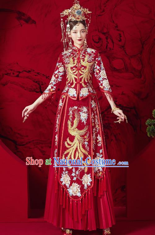 Chinese Traditional Wedding Embroidered Phoenix Peony Xiu He Suit Blouse and Dress Ancient Bride Costumes for Women