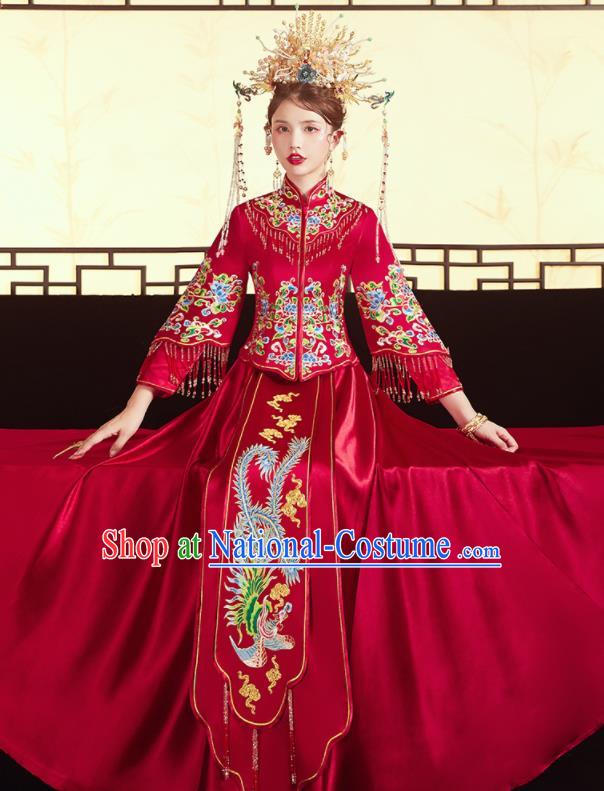 Chinese Traditional Wedding Embroidered Cloud Phoenix Red Xiu He Suit Blouse and Dress Ancient Bride Costumes for Women