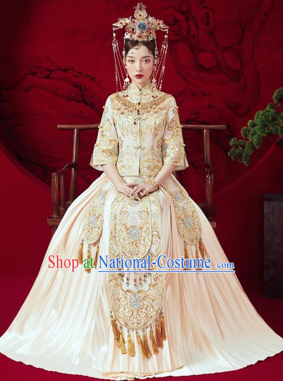 Chinese Traditional Wedding Embroidered Beige Xiu He Suit Blouse and Dress Ancient Bride Costumes for Women