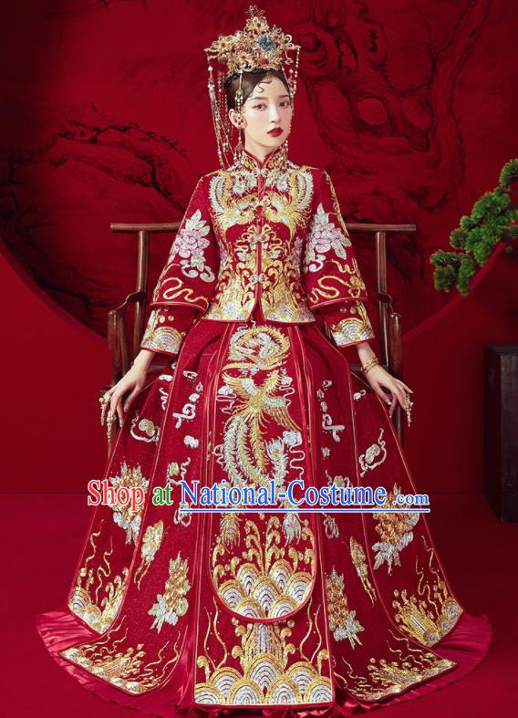 Chinese Traditional Wedding Embroidered Phoenix Xiu He Suit Blouse and Dress Ancient Bride Costumes for Women