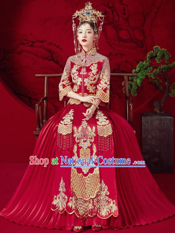 Chinese Traditional Wedding Red Xiu He Suit Embroidered Blouse and Dress Ancient Bride Costumes for Women