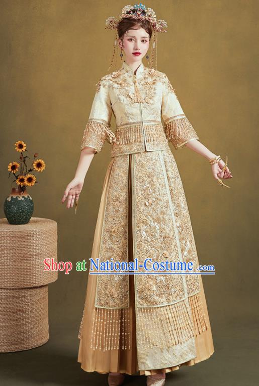 Chinese Traditional Wedding Light Golden Xiu He Suit Embroidered Blouse and Dress Ancient Bride Costumes for Women