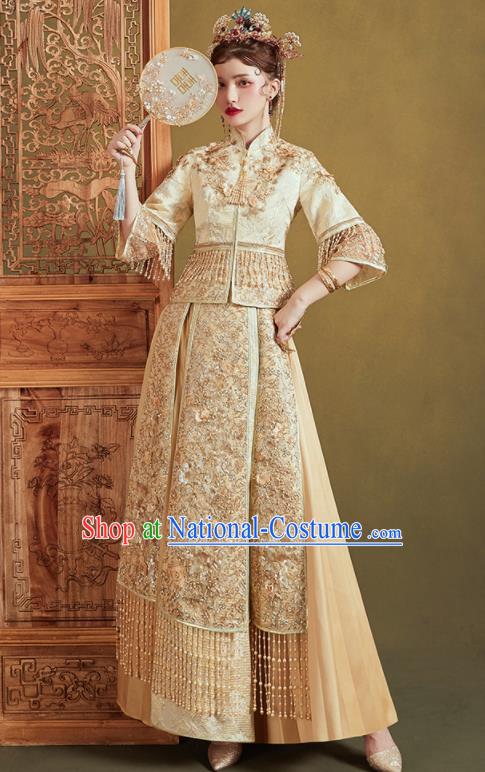 Chinese Traditional Wedding Light Golden Xiu He Suit Embroidered Blouse and Dress Ancient Bride Costumes for Women