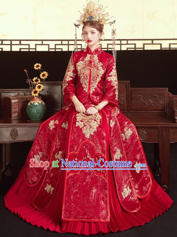 Chinese Traditional Wedding Bottom Drawer Xiu He Suit Embroidered Red Blouse and Dress Ancient Bride Costumes for Women