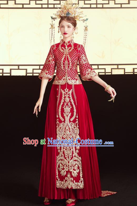 Chinese Traditional Wedding Bottom Drawer Trailing Xiu He Suit Embroidered Red Blouse and Dress Ancient Bride Costumes for Women