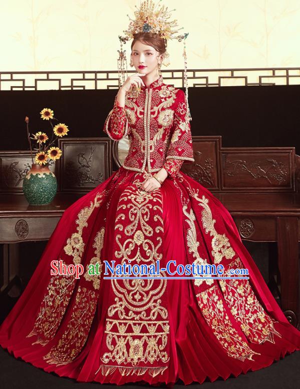 Chinese Traditional Wedding Drilling Bottom Drawer Xiu He Suit Embroidered Red Blouse and Dress Ancient Bride Costumes for Women