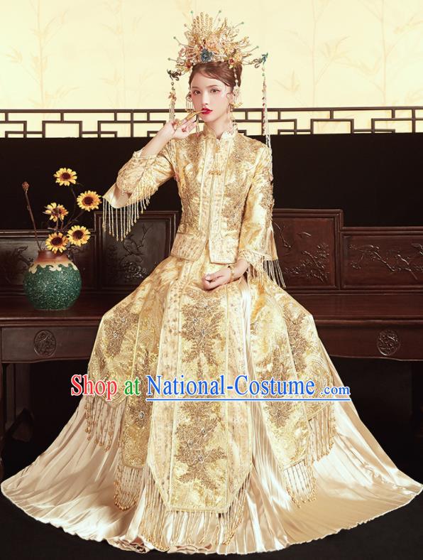 Chinese Traditional Wedding Bottom Drawer Golden Xiu He Suit Embroidered Red Blouse and Dress Ancient Bride Costumes for Women