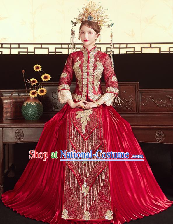 Chinese Traditional Wedding Red Bottom Drawer Xiu He Suit Embroidered Peacock Blouse and Dress Ancient Bride Costumes for Women