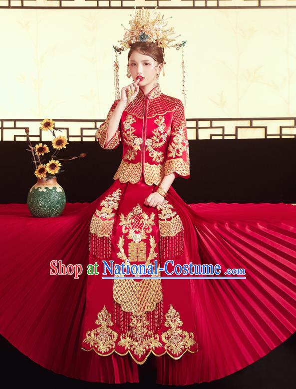 Chinese Traditional Wedding Red Bottom Drawer Xiu He Suit Embroidered Blouse and Dress Ancient Bride Costumes for Women