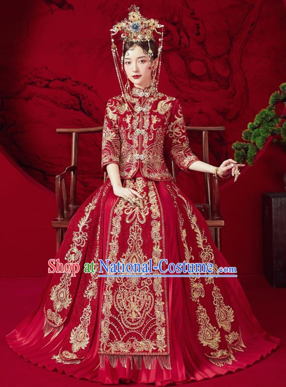 Chinese Traditional Embroidered Blouse and Dress Wedding Red Bottom Drawer Xiu He Suit Ancient Bride Costumes for Women