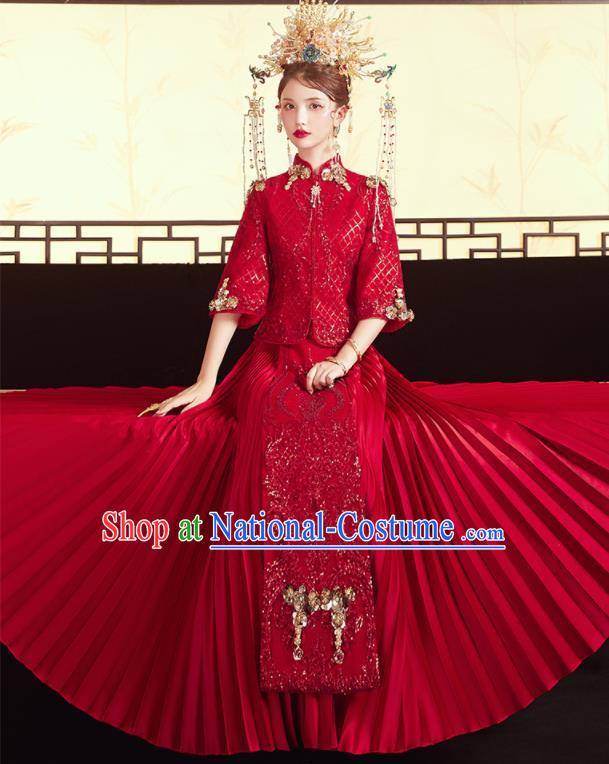 Chinese Traditional Embroidered Blouse and Trailing Dress Wedding Red Bottom Drawer Xiu He Suit Ancient Bride Costumes for Women