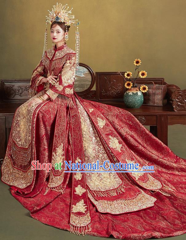 Chinese Traditional Embroidered Red Blouse and Dress Wedding Bottom Drawer Xiu He Suit Ancient Bride Costumes for Women