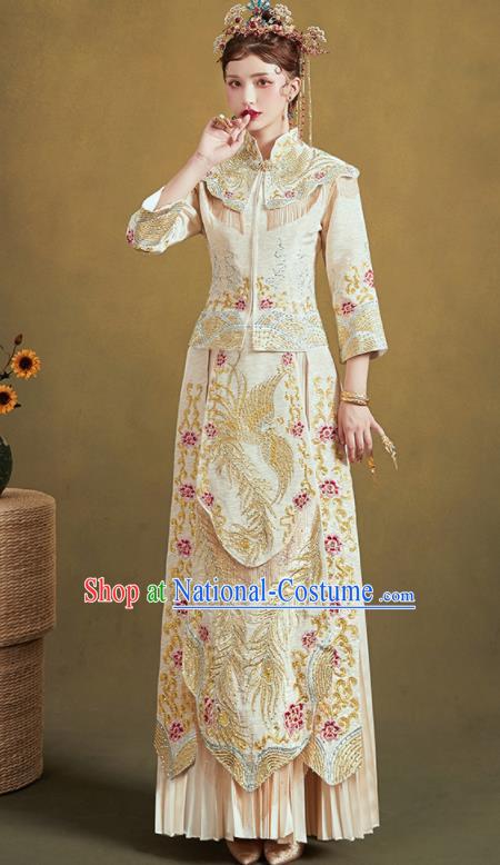 Chinese Traditional Embroidered Phoenix Beige Blouse and Dress Wedding Bottom Drawer Xiu He Suit Ancient Bride Costumes for Women