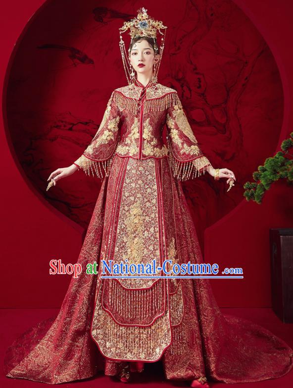 Chinese Traditional Wedding Red Trailing Xiu He Suit Embroidered Blouse and Dress Ancient Bride Costumes for Women