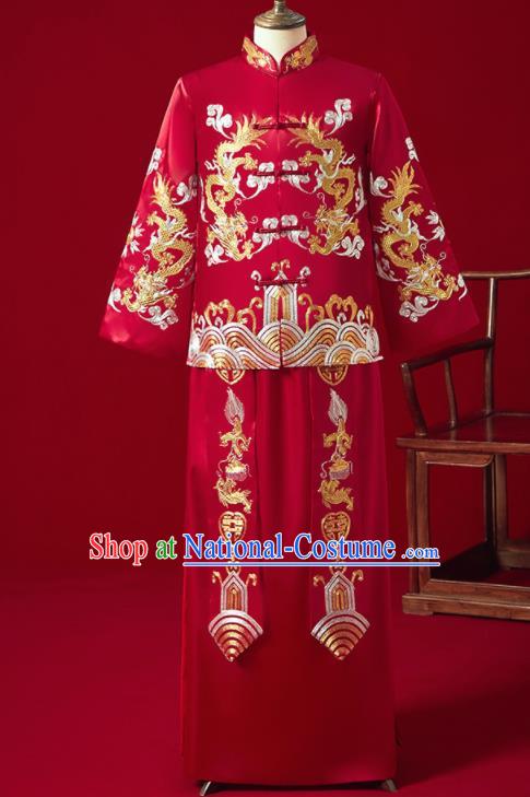 Chinese Ancient Bridegroom Embroidered Dragon Red Mandarin Jacket and Long Gown Traditional Wedding Tang Suit Costumes for Men