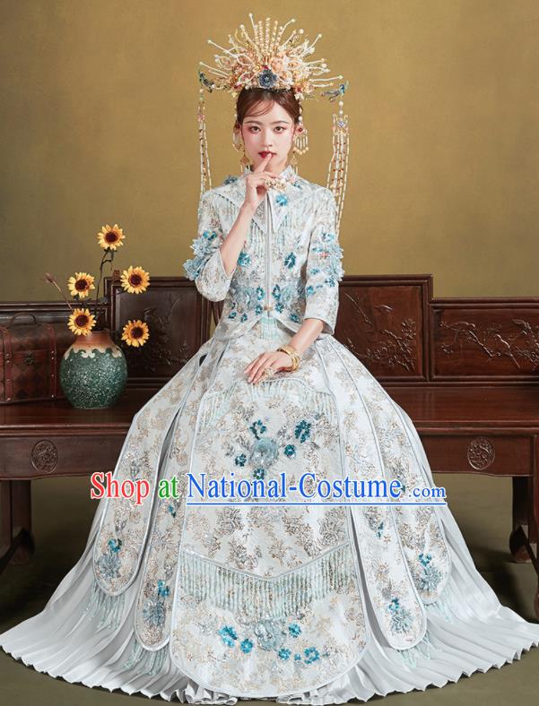 Chinese Traditional Wedding White Xiu He Suit Embroidered Blouse and Dress Ancient Bride Costumes for Women