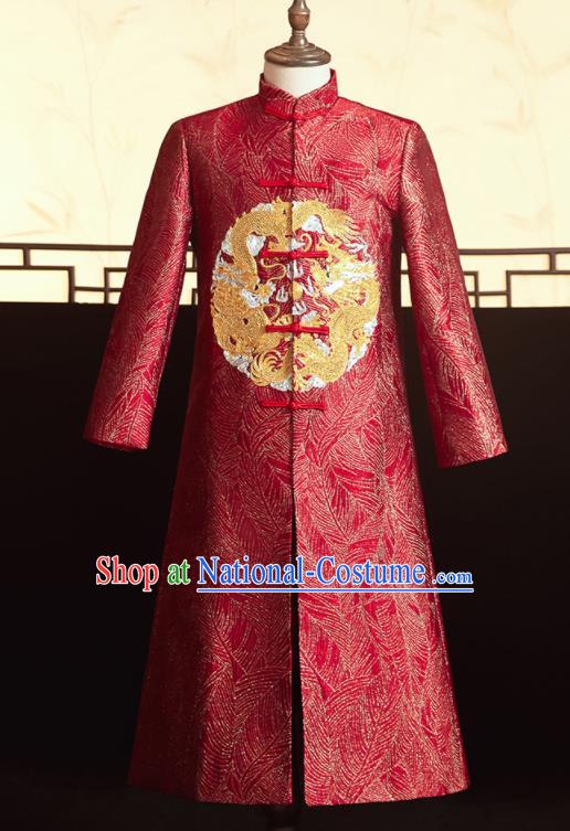 Chinese Ancient Bridegroom Embroidered Dragons Red Mandarin Jacket Traditional Wedding Tang Suit Costumes for Men