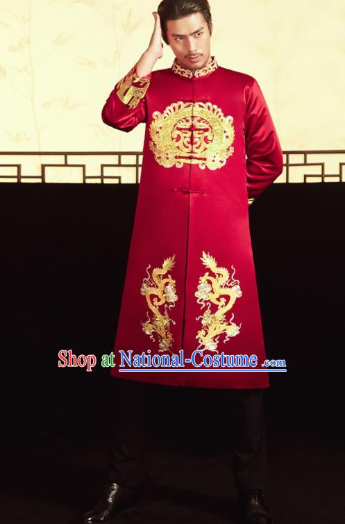 Chinese Ancient Bridegroom Embroidered Dragons Red Mandarin Jacket and Pants Traditional Wedding Tang Suit Costumes for Men