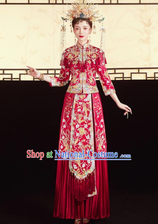 Chinese Traditional Embroidered Red Tassel Blouse and Dress Wedding Bottom Drawer Xiu He Suit Ancient Bride Costumes for Women