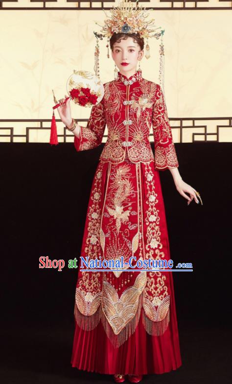 Chinese Traditional Embroidered Phoenix Red Blouse and Dress Wedding Bottom Drawer Xiu He Suit Ancient Bride Costumes for Women