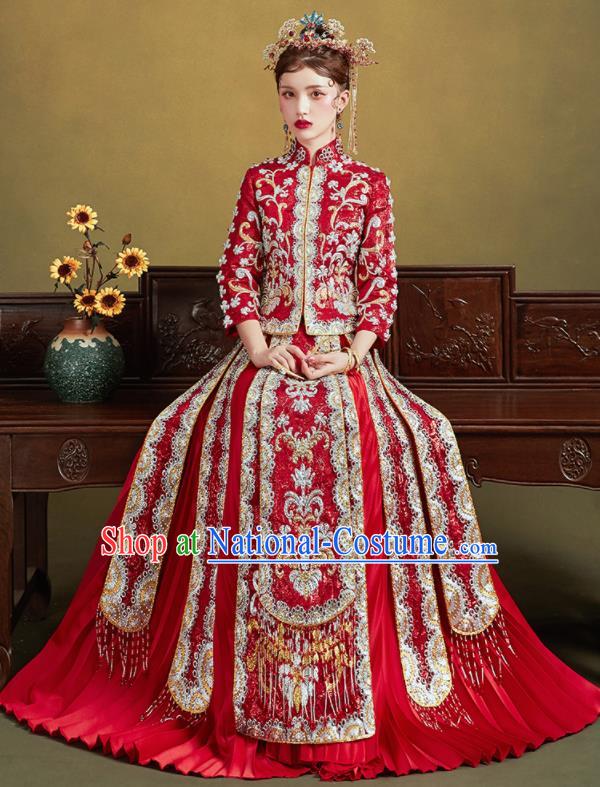 Chinese Traditional Embroidered Drilling Red Blouse and Dress Wedding Bottom Drawer Xiu He Suit Ancient Bride Costumes for Women