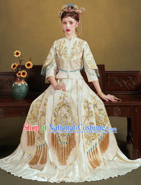 Chinese Traditional Embroidered Phoenix White Blouse and Dress Wedding Bottom Drawer Xiu He Suit Ancient Bride Costumes for Women