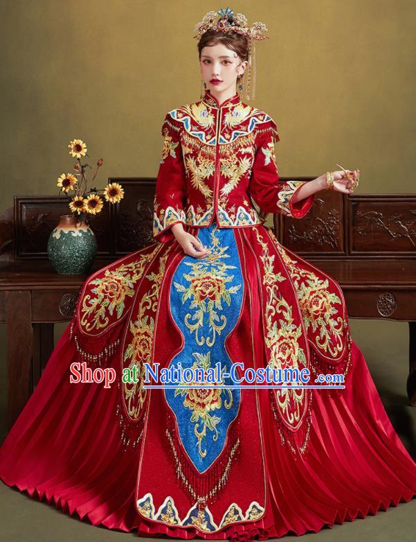 Chinese Traditional Embroidered Peony Blouse and Dress Wedding Bottom Drawer Xiu He Suit Ancient Bride Costumes for Women