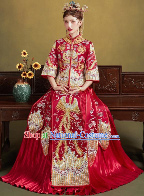 Chinese Traditional Embroidered Phoenix Red Blouse and Dress Wedding Bottom Drawer Xiu He Suit Ancient Bride Costumes for Women