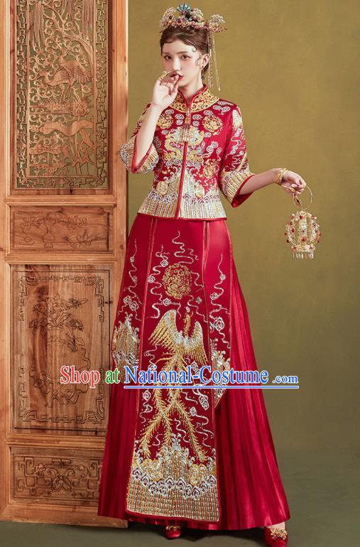 Chinese Traditional Embroidered Phoenix Red Blouse and Dress Wedding Bottom Drawer Xiu He Suit Ancient Bride Costumes for Women