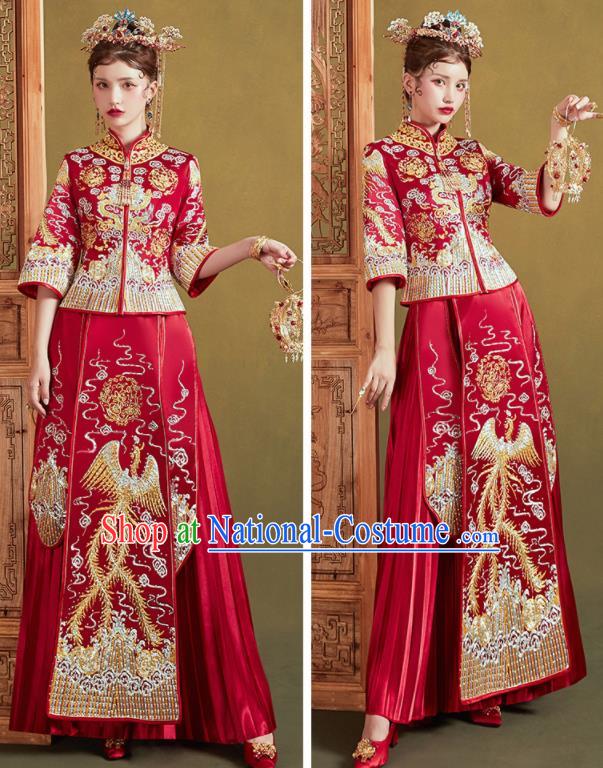 Chinese Traditional Embroidered Phoenix Red Blouse and Dress Wedding Bottom Drawer Xiu He Suit Ancient Bride Costumes for Women