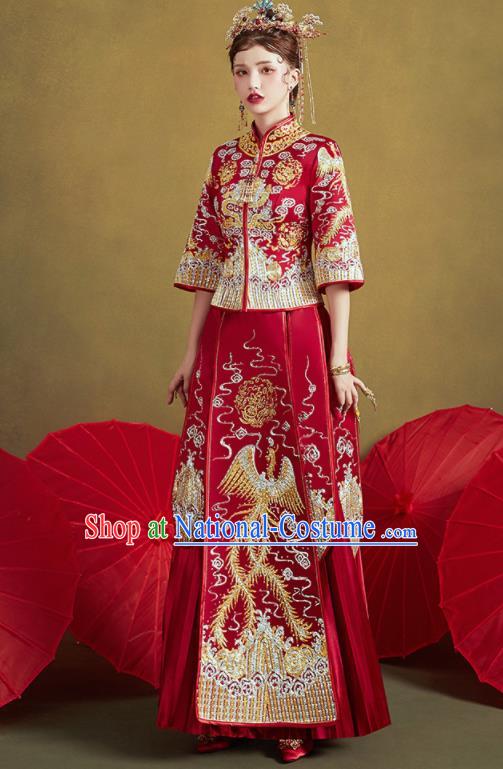 Chinese Traditional Embroidered Phoenix Red Blouse and Dress Wedding Bottom Drawer Xiu He Suit Ancient Bride Costumes for Women