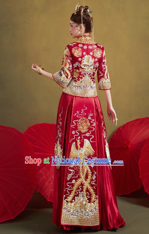 Chinese Traditional Embroidered Phoenix Red Blouse and Dress Wedding Bottom Drawer Xiu He Suit Ancient Bride Costumes for Women