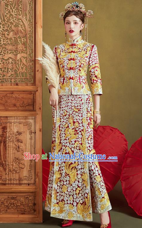 Chinese Traditional Embroidered Phoenix Blouse and Slim Dress Wedding Bottom Drawer Xiu He Suit Ancient Bride Costumes for Women