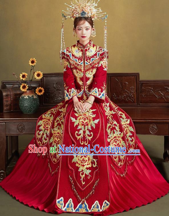 Chinese Traditional Wedding Red Xiu He Suit Embroidered Peony Blouse and Dress Ancient Bride Costumes for Women