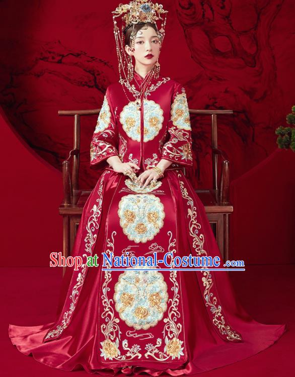 Chinese Traditional Wedding Embroidered Blouse and Dress Red Bottom Drawer Xiu He Suit Ancient Bride Costumes for Women