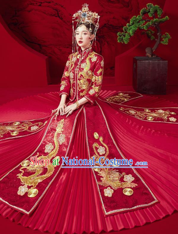 Chinese Traditional Wedding Embroidered Dragon Phoenix Blouse and Dress Red Bottom Drawer Xiu He Suit Ancient Bride Costumes for Women