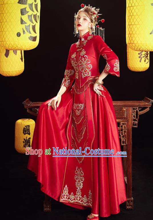 Chinese Traditional Wedding Embroidered Drilling Blouse and Dress Red Bottom Drawer Xiu He Suit Ancient Bride Costumes for Women