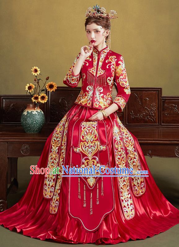 Chinese Traditional Wedding Red Slim Xiu He Suit Embroidered Blouse and Dress Ancient Bride Costumes for Women